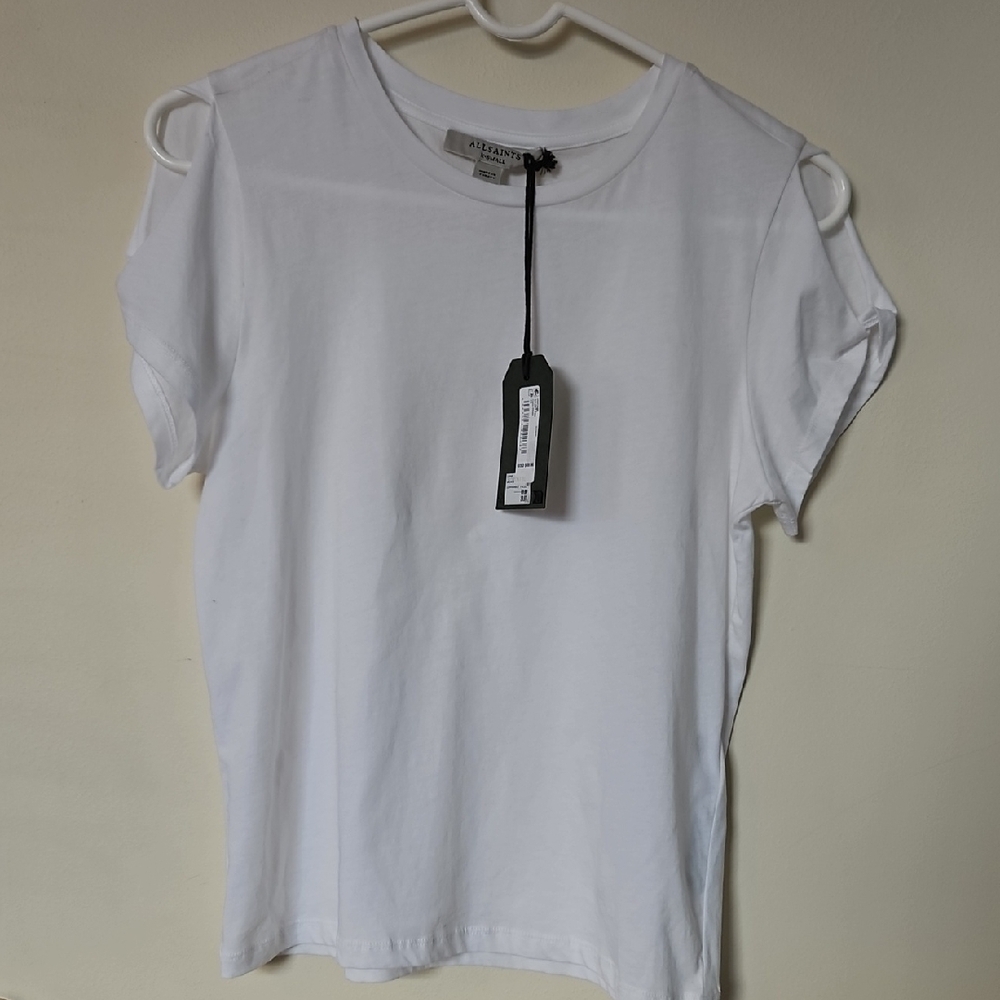 All Saints White Cuffed Sleeve T-Shirt with Cut Out Style